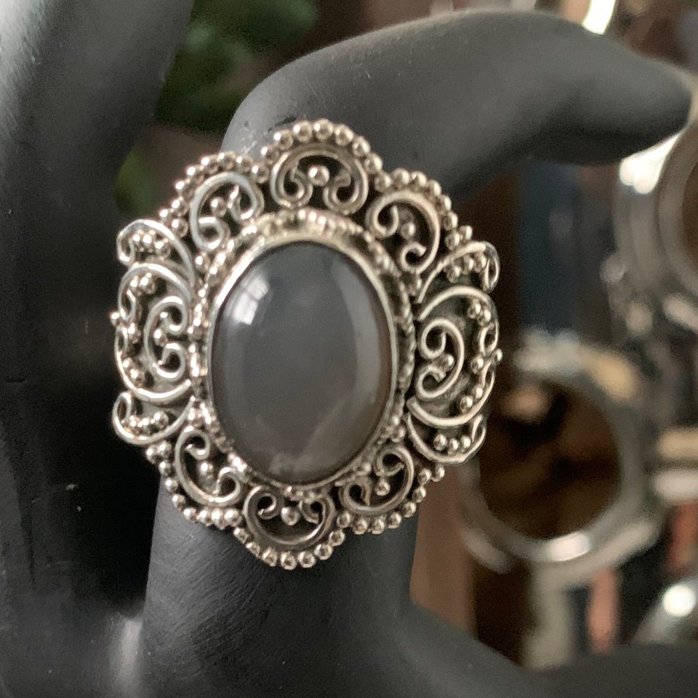 Solid Sterling Silver Gray Moonstone Filigree Sz 6 - image 3